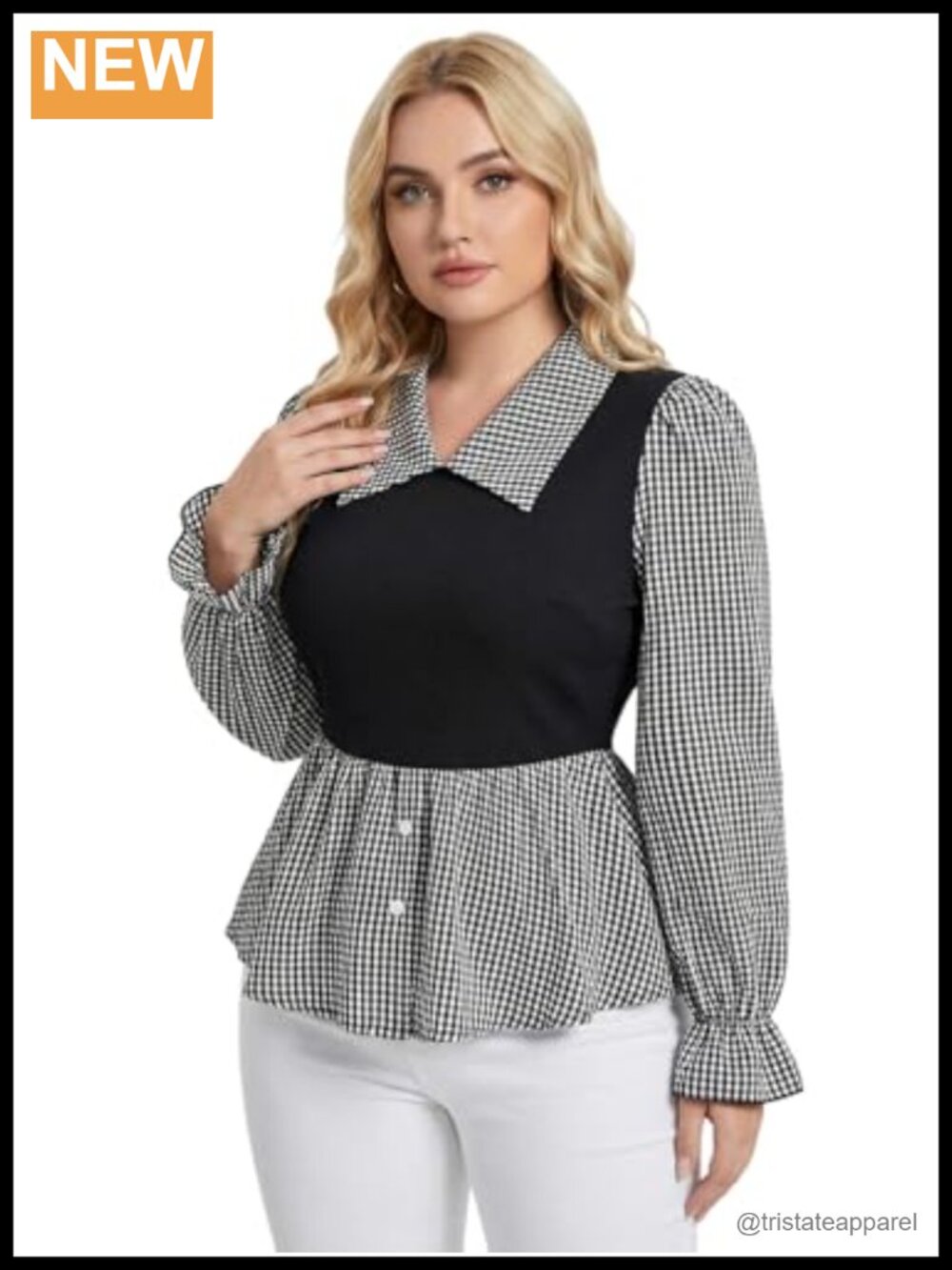 Women's Plus Size Plaid Peplum Collared Puff Long Sleeve Blouse
